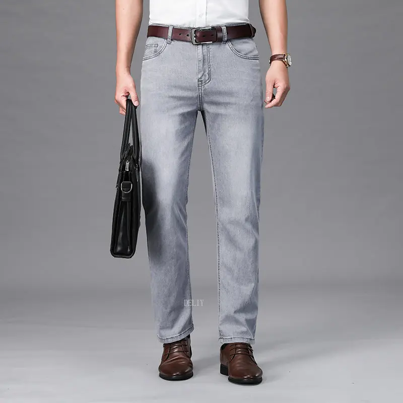 Alternative view of 2023 Brand Thin or Thick Material Straight Cotton Stretch Denim Men's  Business Casual High Waist Light Grey Blue Jeans