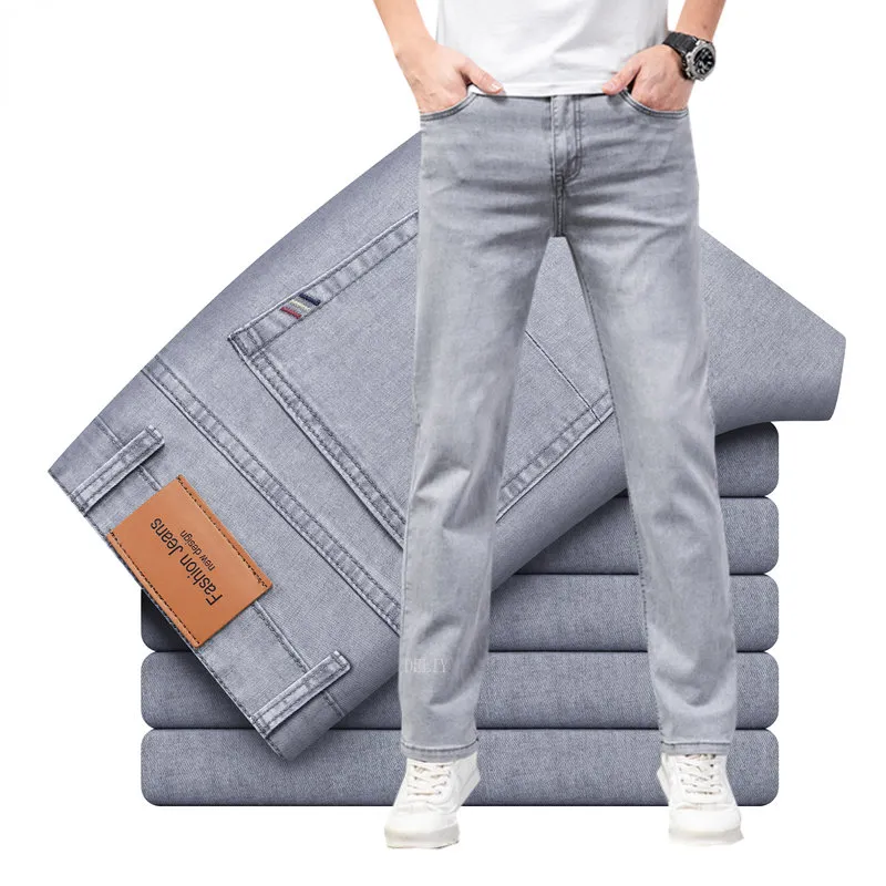 2023 Brand Thin or Thick Material Straight Cotton Stretch Denim Men's Business Casual High Waist Light Grey Blue Jeans
