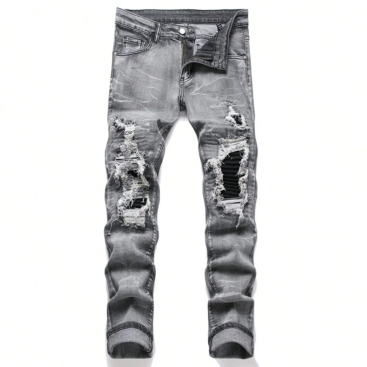 Men‘s Stretchy Denim Jeans Streetwear Tearing Patchwork Holes Ripped Denim Elastic Waist Casual Pants Slim fit Straight Trousers Men‘s Stretchy Denim Jeans Streetwear Tearing Patchwork Holes Ripped Denim Elastic Waist Casual Pants Slim fit Straight Trousers
