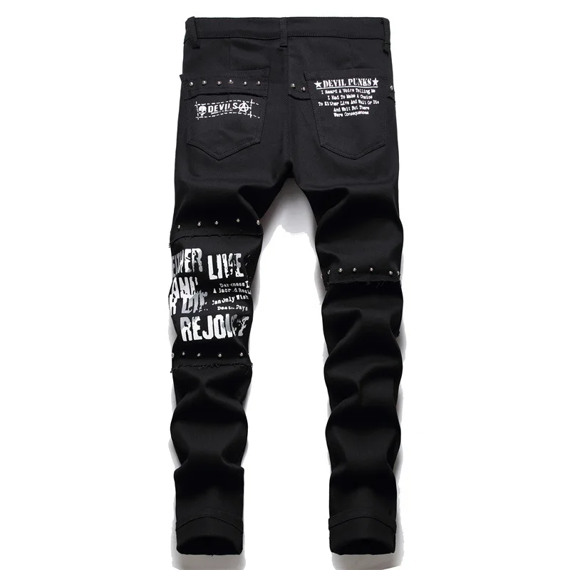 Alternative view of Men's Scotland Red Plaid Tartan Patchwork Jeans Punk Rivet Patch Black Denim Pants Skull Letters Printed Slim Straight Trousers