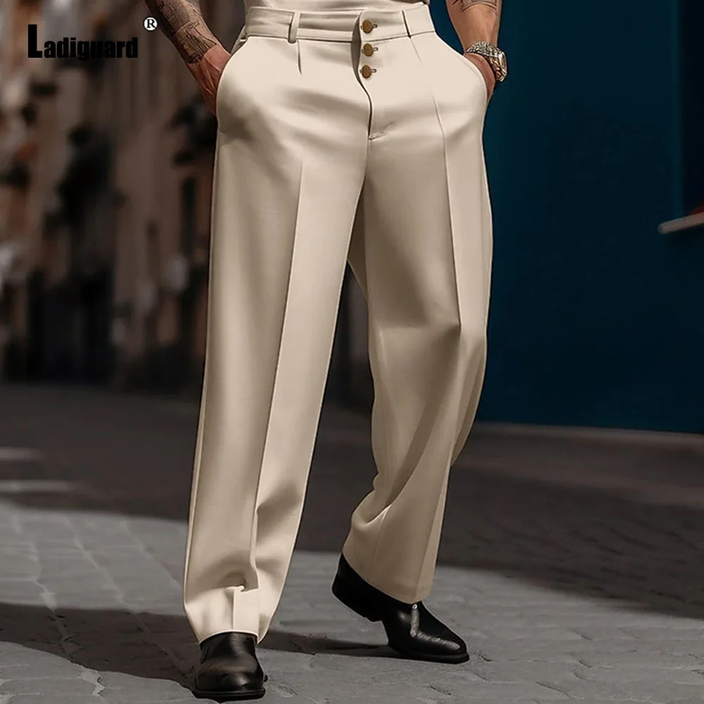 Alternative view of Men's Stand Pocket Elegant Wide Leg Pants Solid White Formal Party Trousers Plus Size 3xl Mens Fashion Triple Buttons Suit Pants
