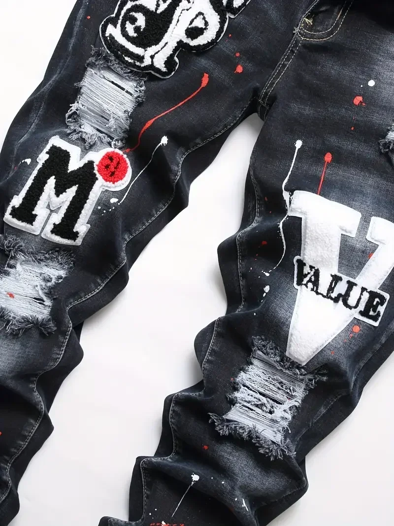 Alternative view of Men y2k Stretchy Denim jeans Ripped Skinny Letter Print elastic waist Casual pants for men Hole Slim Fit Denim Hip Hop Trousers