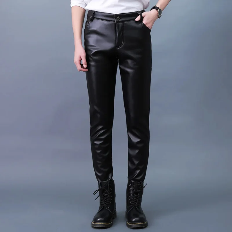 Men Leather Pants Slim PU Leather Trousers Fashion Elastic Motorcycle Leather Pants Waterproof Oil-Proof Male Bottoms Oversized