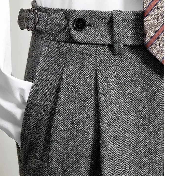 Men's Autumn Winter New High Waist Woolen Trousers Male Tweed Business Casual Pants Men Long Formal Straight Pants H336