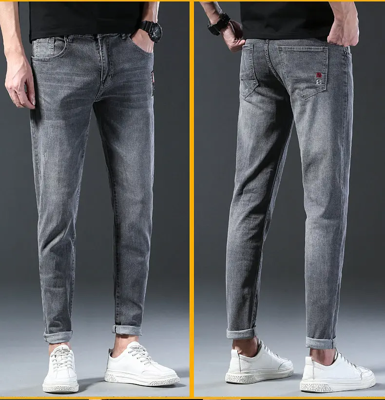 2024 New Fashion Jeans Men Korean Style Straight Grey Middle  Waist Pants Male Casual Denim Trousers