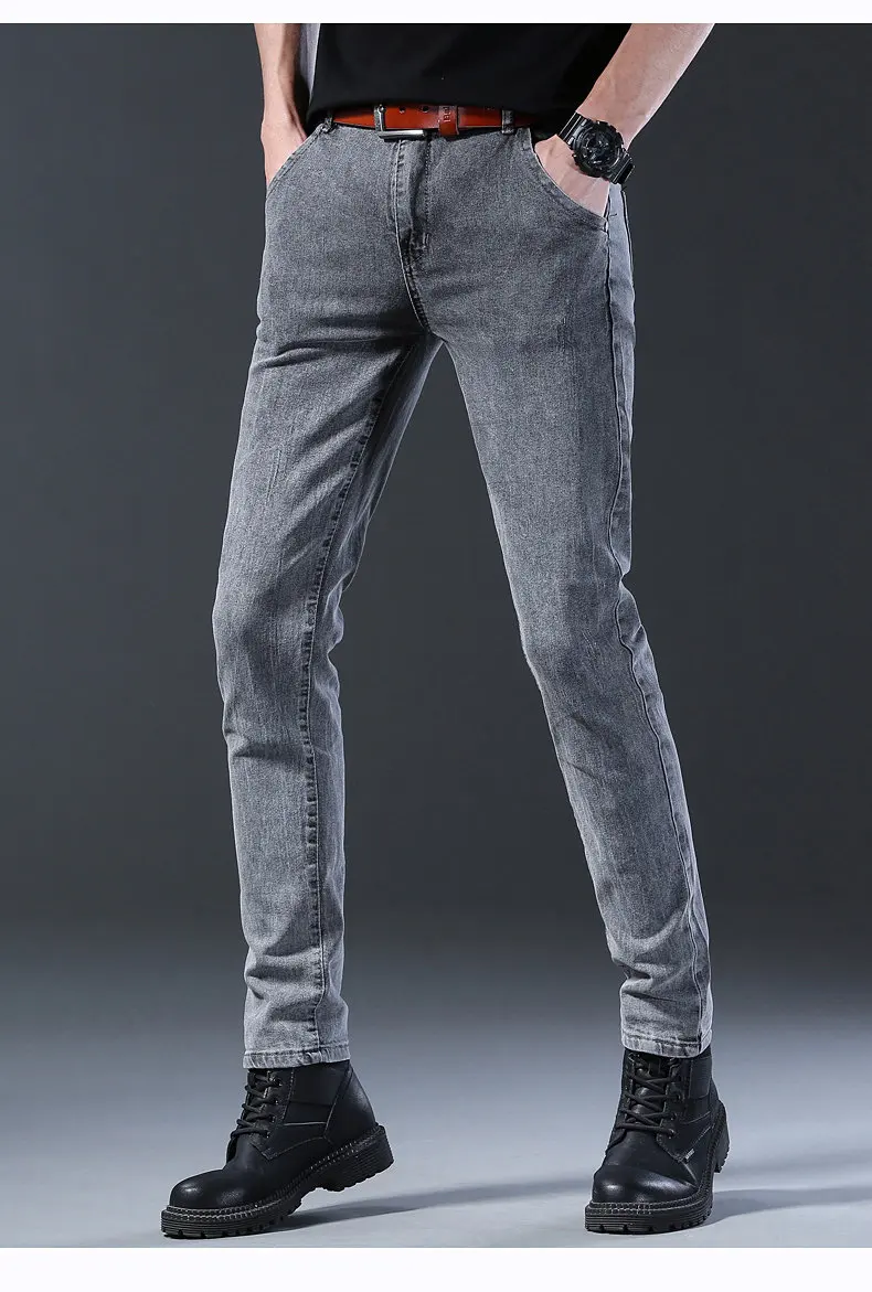 2024 New Fashion Jeans Men Korean Style Straight Grey Middle  Waist Pants Male Casual Denim Trousers