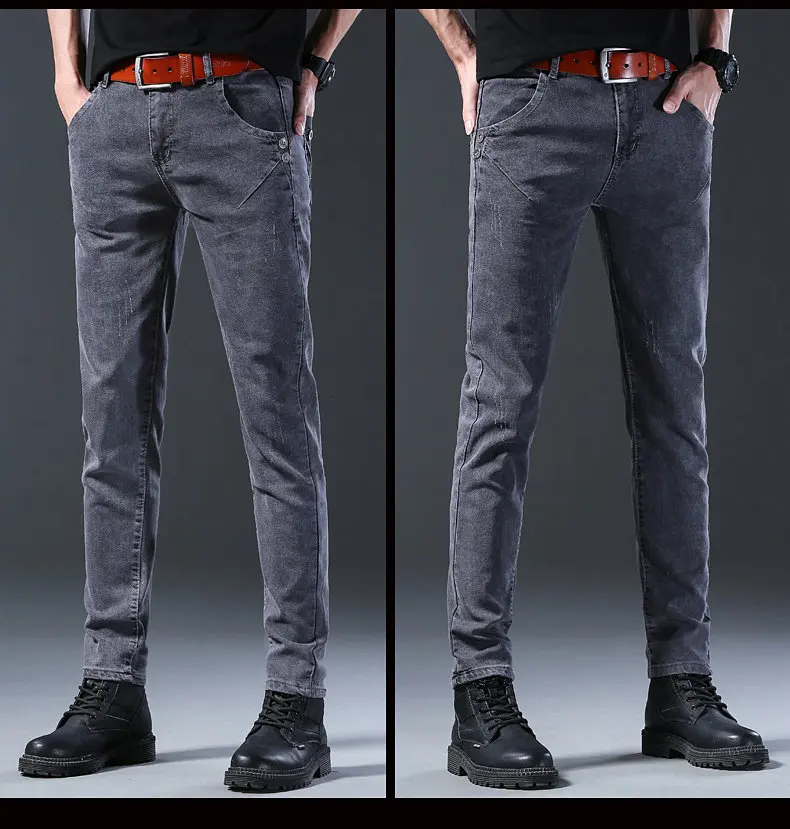 2024 New Fashion Jeans Men Korean Style Straight Grey Middle  Waist Pants Male Casual Denim Trousers