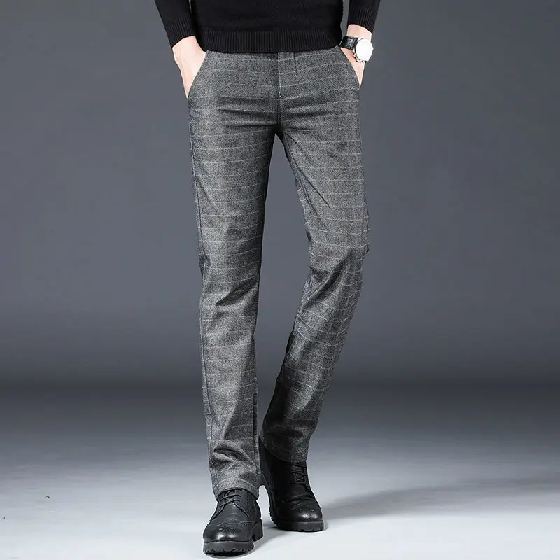 Streetwear Fashion Men Striped Plaid Suit Pants Spring Autumn New Korean Big Size Business Casual Grey Straight Slim Trousers 38