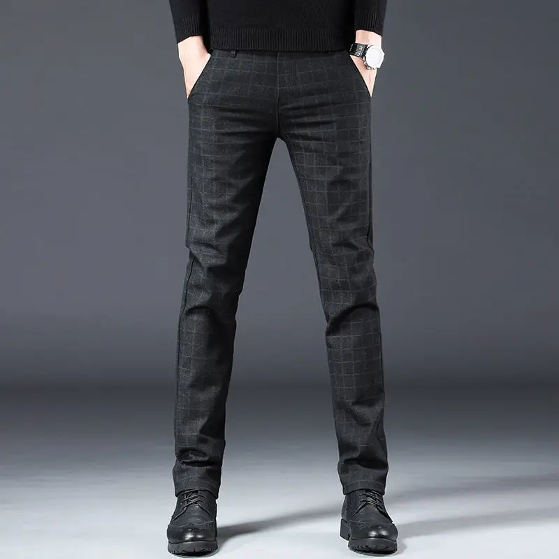 Alternative view of Streetwear Fashion Men Striped Plaid Suit Pants Spring Autumn New Korean Big Size Business Casual Grey Straight Slim Trousers 38