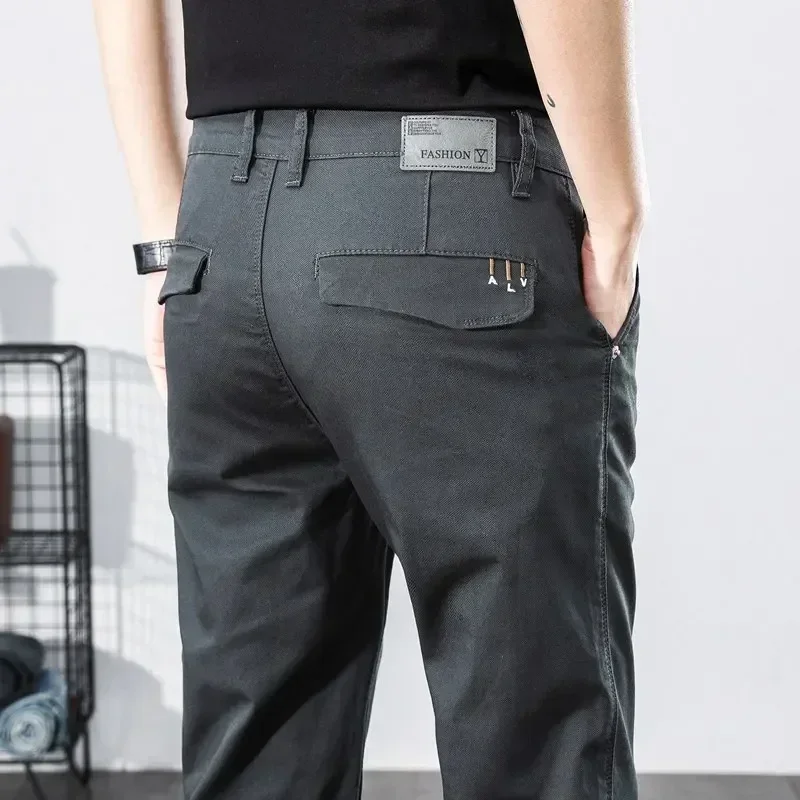 Spring Autumn New Men's Cotton Straight Casual Pants Business Fashion Solid Color Elasticity White Trousers Male Brand Clothing