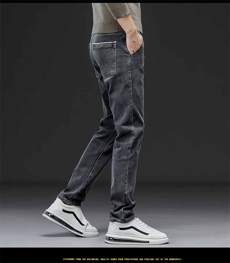 2023 Autumn Winter New Men's Casual Cotton Stretch Slim Fit Jeans Business Fashion Straight Fit Denim Trousers for Men Gray