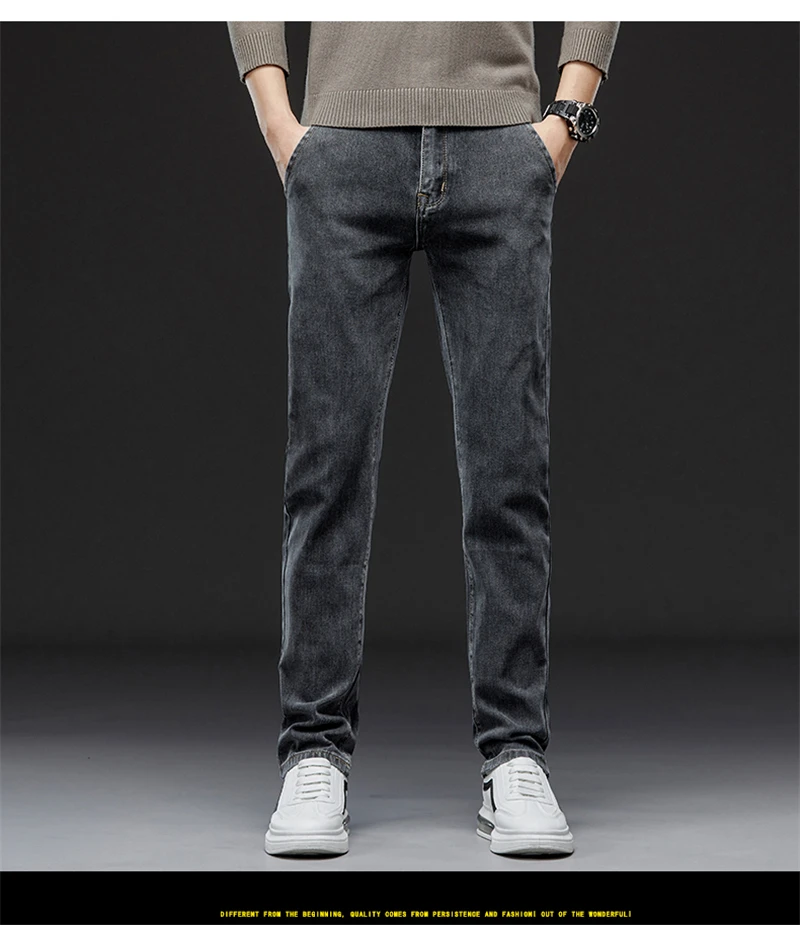 2023 Autumn Winter New Men's Casual Cotton Stretch Slim Fit Jeans Business Fashion Straight Fit Denim Trousers for Men Gray