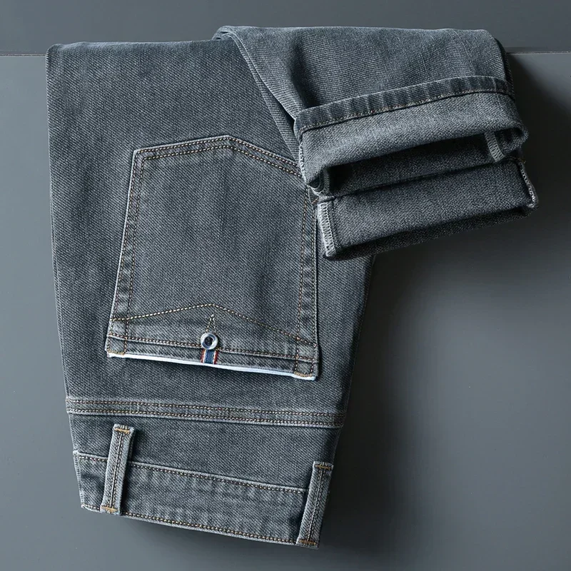 Alternative view of 2023 Autumn Winter New Men's Casual Cotton Stretch Slim Fit Jeans Business Fashion Straight Fit Denim Trousers for Men Gray