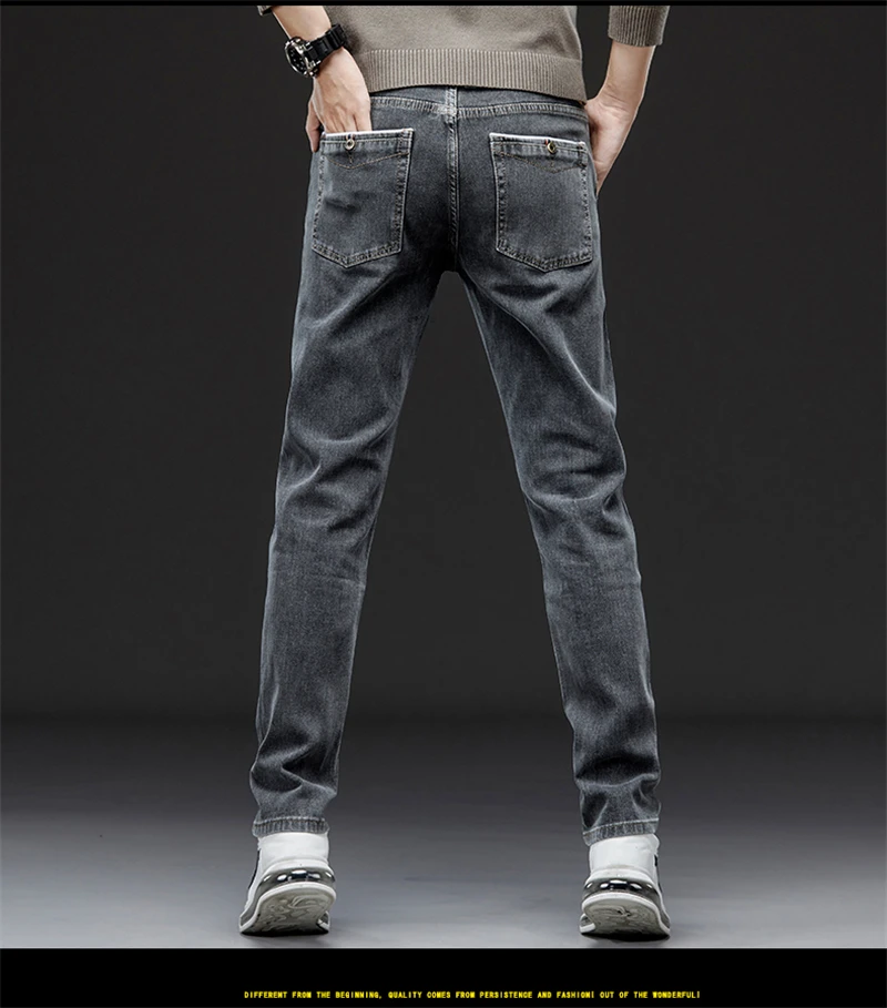 2023 Autumn Winter New Men's Casual Cotton Stretch Slim Fit Jeans Business Fashion Straight Fit Denim Trousers for Men Gray