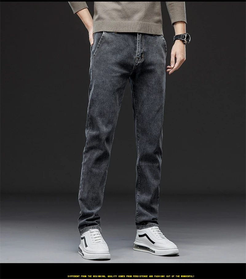 2023 Autumn Winter New Men's Casual Cotton Stretch Slim Fit Jeans Business Fashion Straight Fit Denim Trousers for Men Gray