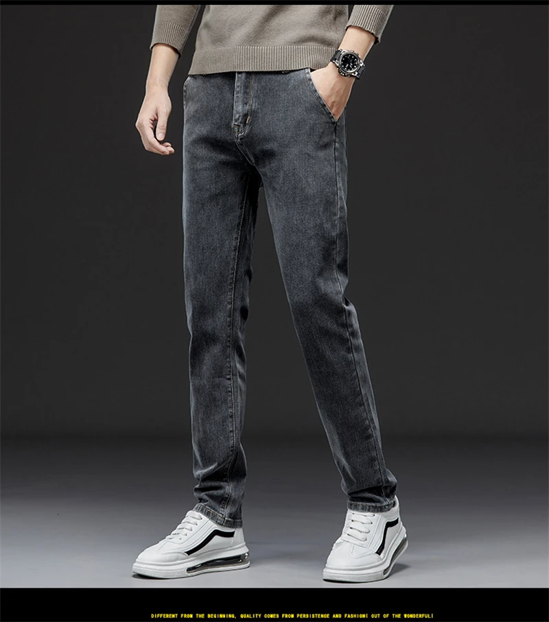 2023 Autumn Winter New Men's Casual Cotton Stretch Slim Fit Jeans Business Fashion Straight Fit Denim Trousers for Men Gray
