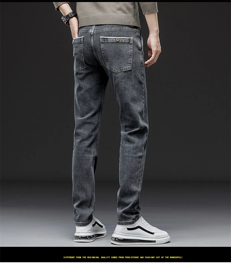 2023 Autumn Winter New Men's Casual Cotton Stretch Slim Fit Jeans Business Fashion Straight Fit Denim Trousers for Men Gray