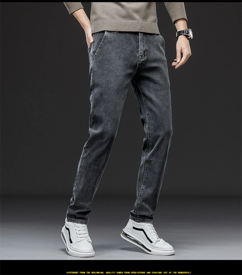 2023 Autumn Winter New Men's Casual Cotton Stretch Slim Fit Jeans Business Fashion Straight Fit Denim Trousers for Men Gray