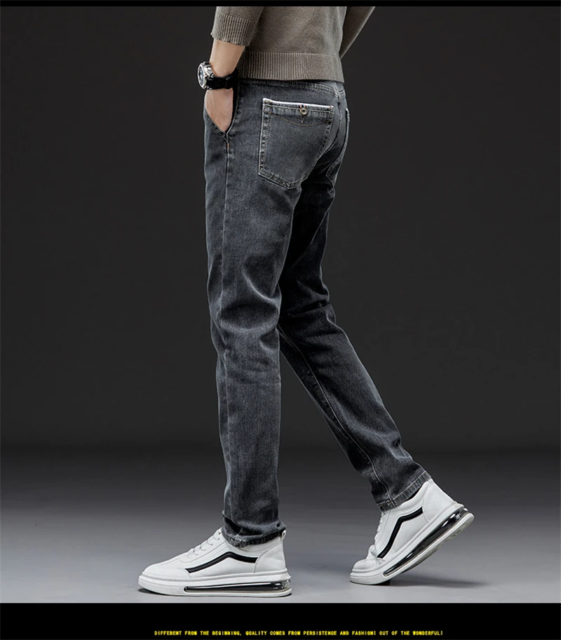 2023 Autumn Winter New Men's Casual Cotton Stretch Slim Fit Jeans Business Fashion Straight Fit Denim Trousers for Men Gray