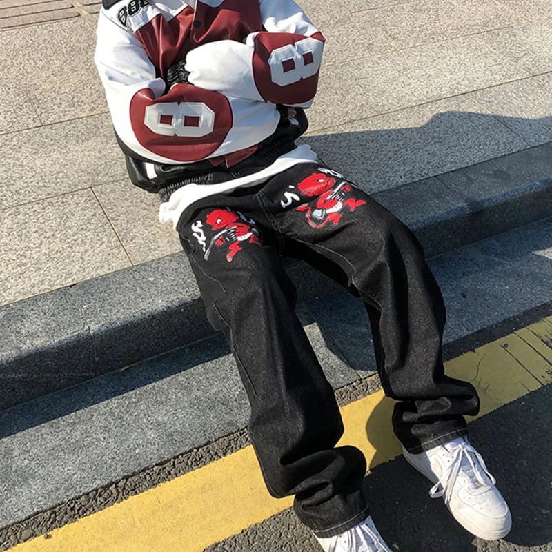 Alternative view of Men's Jeans Devil Printed High Street Vintage Y2K Clothes Black Baggy Jeans Straight Trousers Streetwear Wide Leg Pants Men