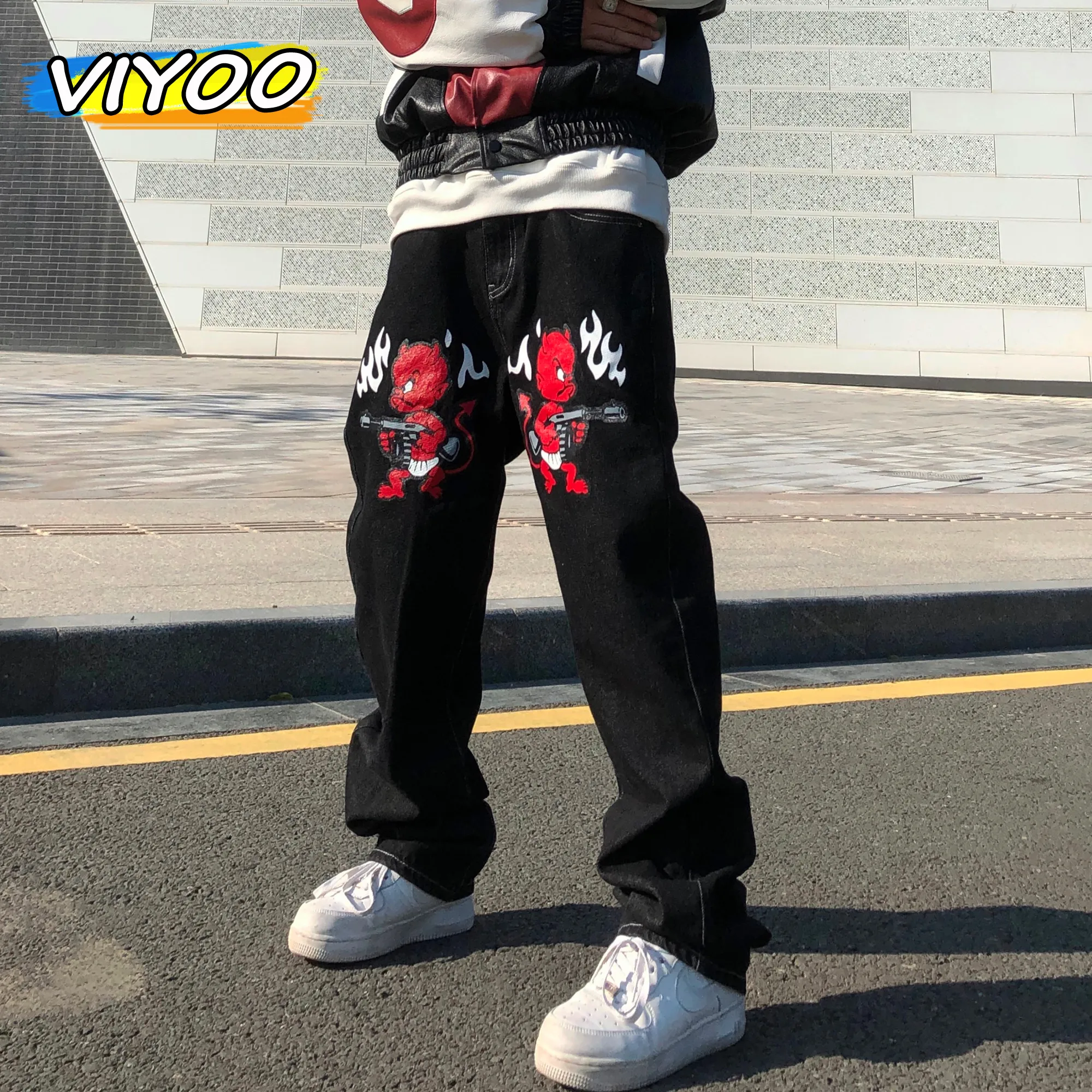 Men's Jeans Devil Printed High Street Vintage Y2K Clothes Black Baggy Jeans Straight Trousers Streetwear Wide Leg Pants Men