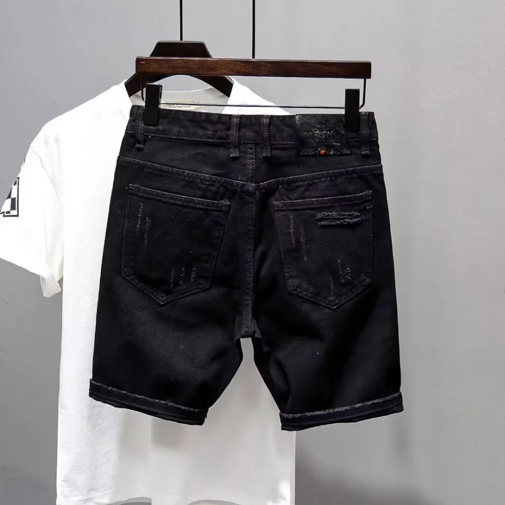 Alternative view of Summer Luxury Kpop Men's Y2K Streetwear Ripped Jeans Trendy Dotting Ink Designer Distressed Casual Boyfriend Black Denim Shorts