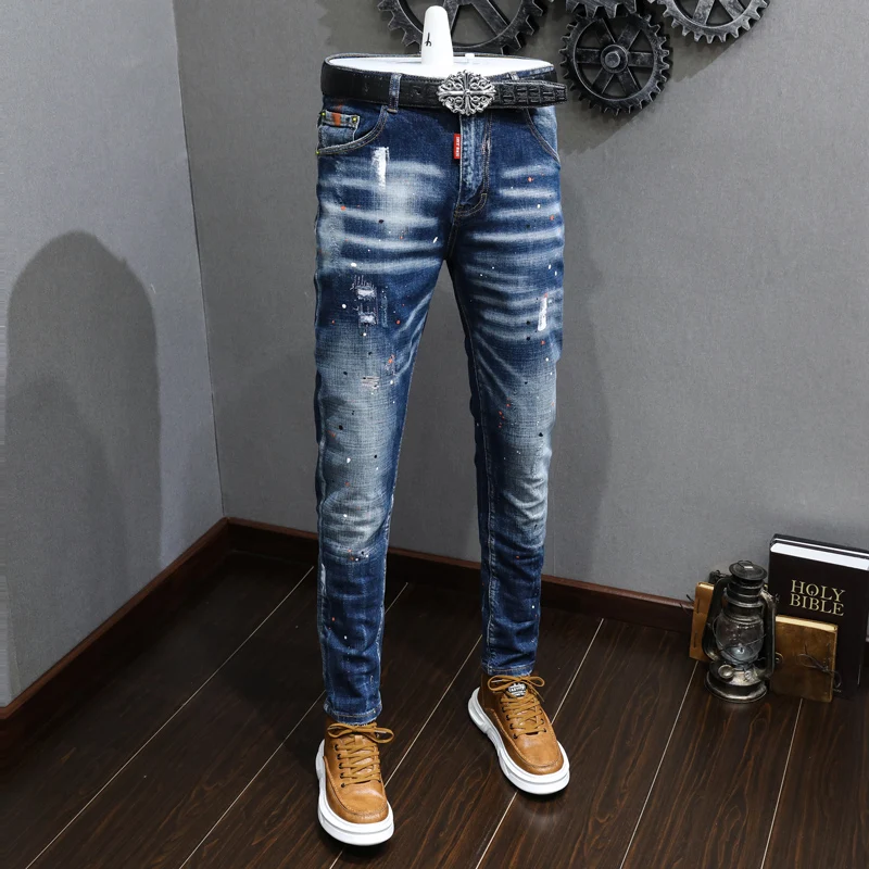 Alternative view of Fashion Designer Men Jeans Retro Blue Stretch Slim Fit Painted Ripped Jeans Men Korean Style Vintage Casual Denim Pants Hombre