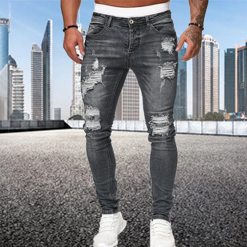 Alternative view of Fashion Street Style Ripped Skinny Jeans Men Vintage wash Solid Denim Trouser Mens Casual Slim fit pencil denim Pants hot sale