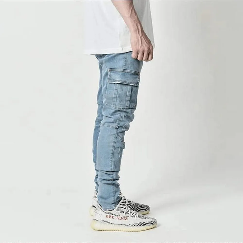 Alternative view of Street Elastic Jeans Men Denim Cargo Pants Wash Solid Color Multi Pockets Casual Mid Waist Trousers Slim Fit Daily Wear Joggers
