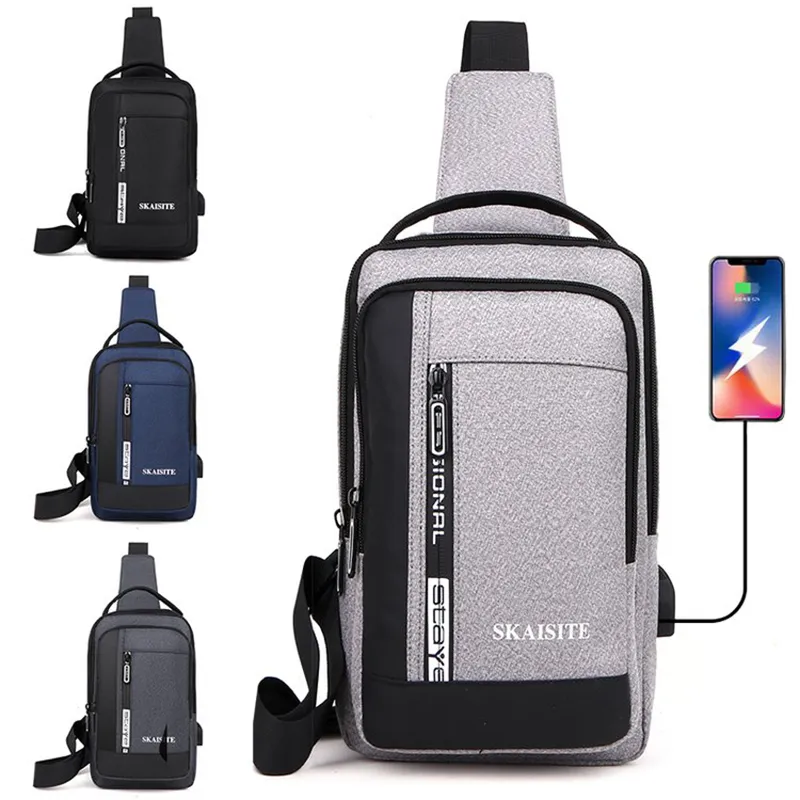 Casual Oxford Men Chest Bag with USB Charging Port