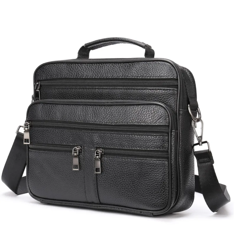Fashion Men Shoulder Black Genuine Leather Handbag