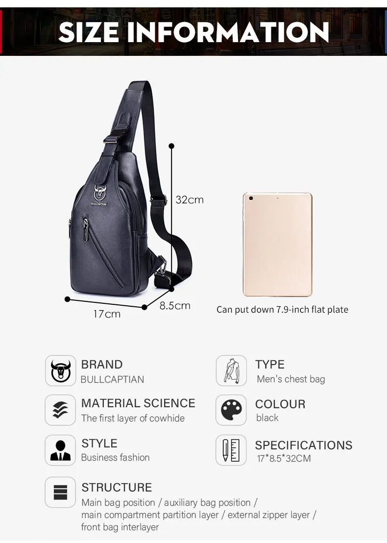 BULLCAPTAIN Men's Leather Chest Bag Multi-Function Travel Storage Bag Men's Messenger Bag Hardware Zipper Leather Bag BULLCAPTAIN Men's Leather Chest Bag Multi-Function Travel Storage Bag Men's Messenger Bag Hardware Zipper Leather Bag