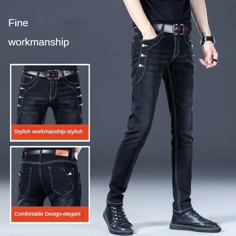 Alternative view of Stylish Black Luxury Men's Korean Streetwear Punk Fashion Comfortable Stretch Jeans Slim Fit Straight Leg Casual Denim Pants
