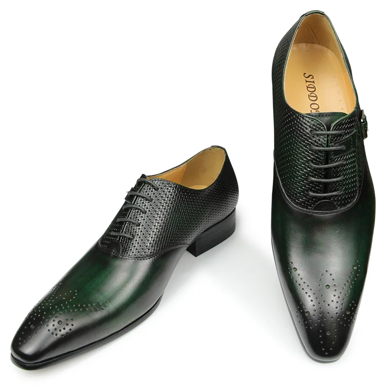 Alternative view of Luxury Mens Business Genuine Leather Shoes Fashion Wedding Oxfords Lace-up Pointed Toe Black Green Coffee Brogues Dress Shoes