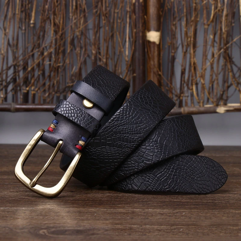 Alternative view of 3.8CM Solid Copper Pin Buckle Belt Male Serpentine Belts Cowskin Male Snakeskin Grain Belt Fashion Genuine Leather Jeans Belts