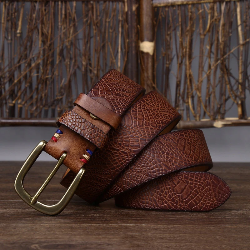 3.8CM Solid Copper Pin Buckle Belt Male Serpentine Belts Cowskin Male Snakeskin Grain Belt Fashion Genuine Leather Jeans Belts