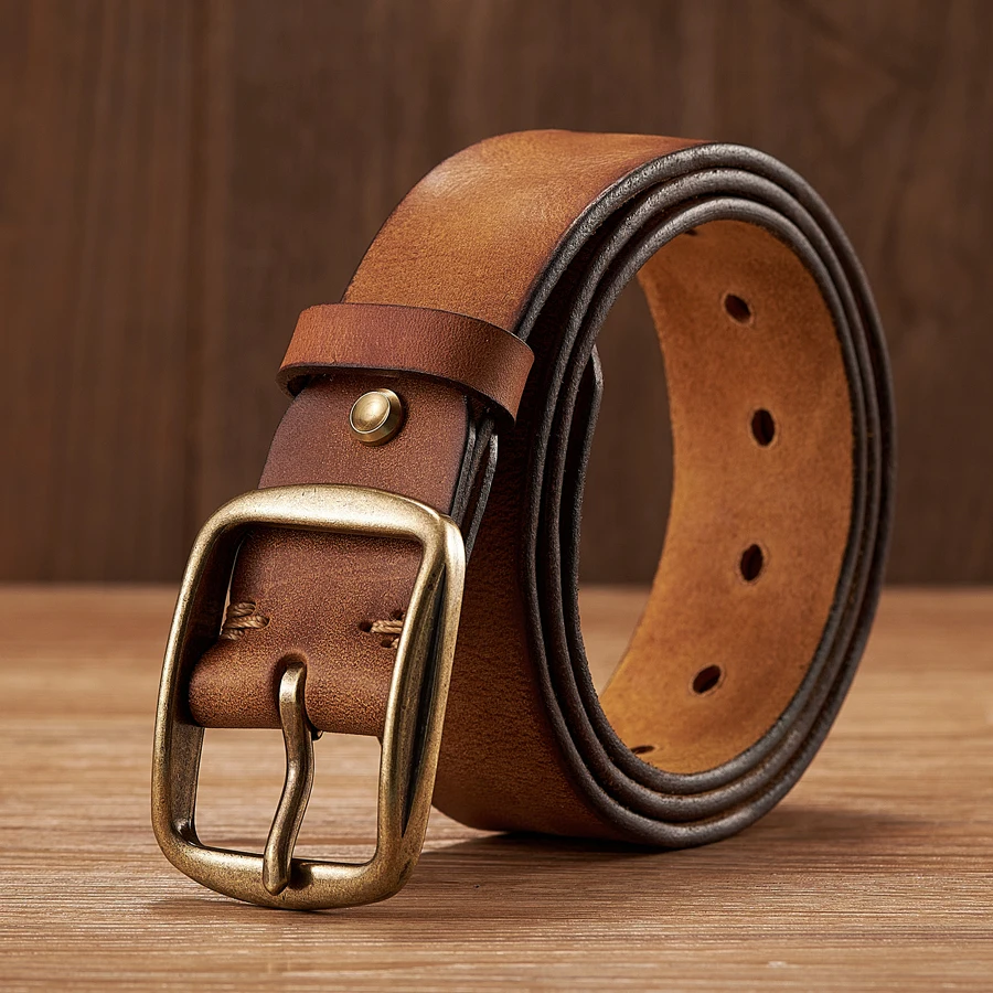 Alternative view of Thick Cowhide Copper Pin Buckle Real Genuine Leather Belt For Jeans Fashion Casual Belt Men Waistband Retro Luxury Male Strap
