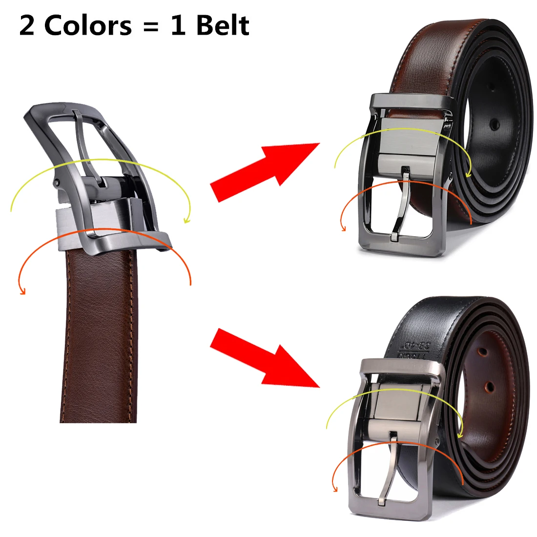Alternative view of 1Pcs Men's Genuine Leather Reversible Belt Rotated Buckle Two In One Big And Tall