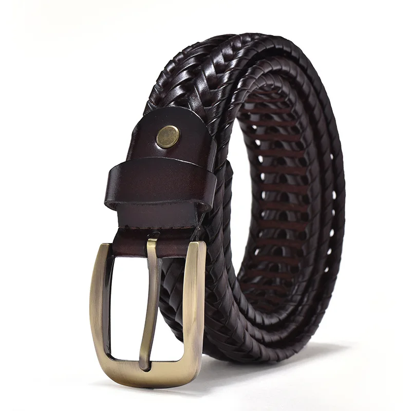 Alternative view of Men Genuine Leather Braided Belts Webbing High Quality Braided Vintage Belt for Men Gold Pin Buckle Casual for Jeans Strap