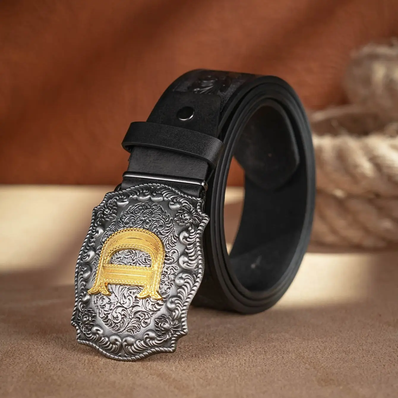 Alternative view of Western Cowboy PU Leather Belt - Men Waist Strap Bull Decoration Floral Engraved for Jeans