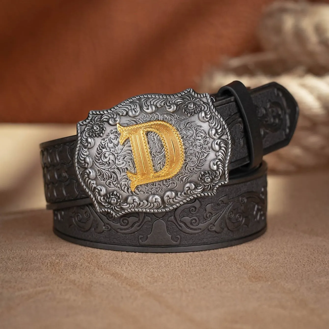Western Cowboy PU Leather Belt - Men Waist Strap Bull Decoration Floral Engraved for Jeans