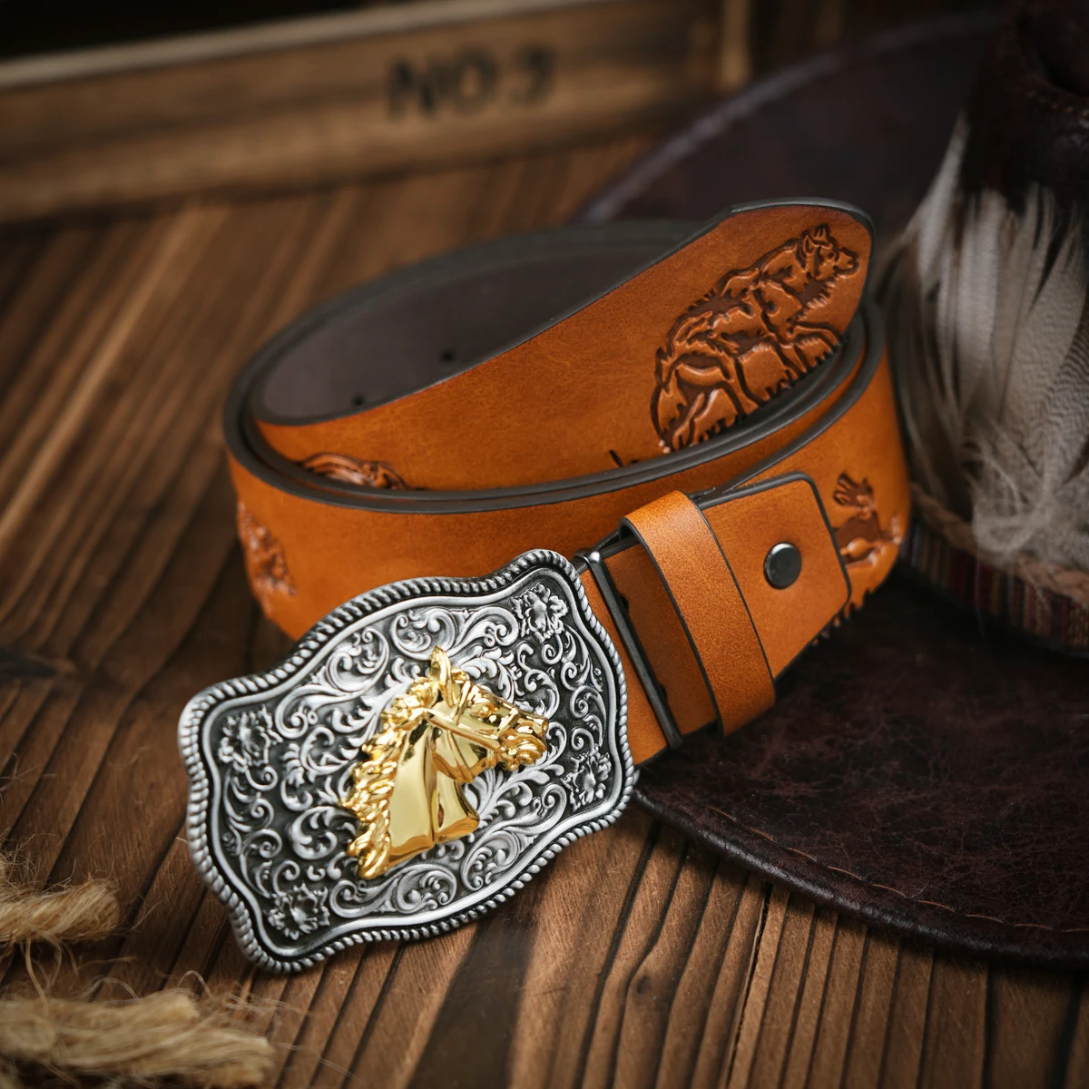 Alternative view of Western Cowboy Leather Buckle Belts Horse Pattern Floral Engraved Buckle Belt for Men