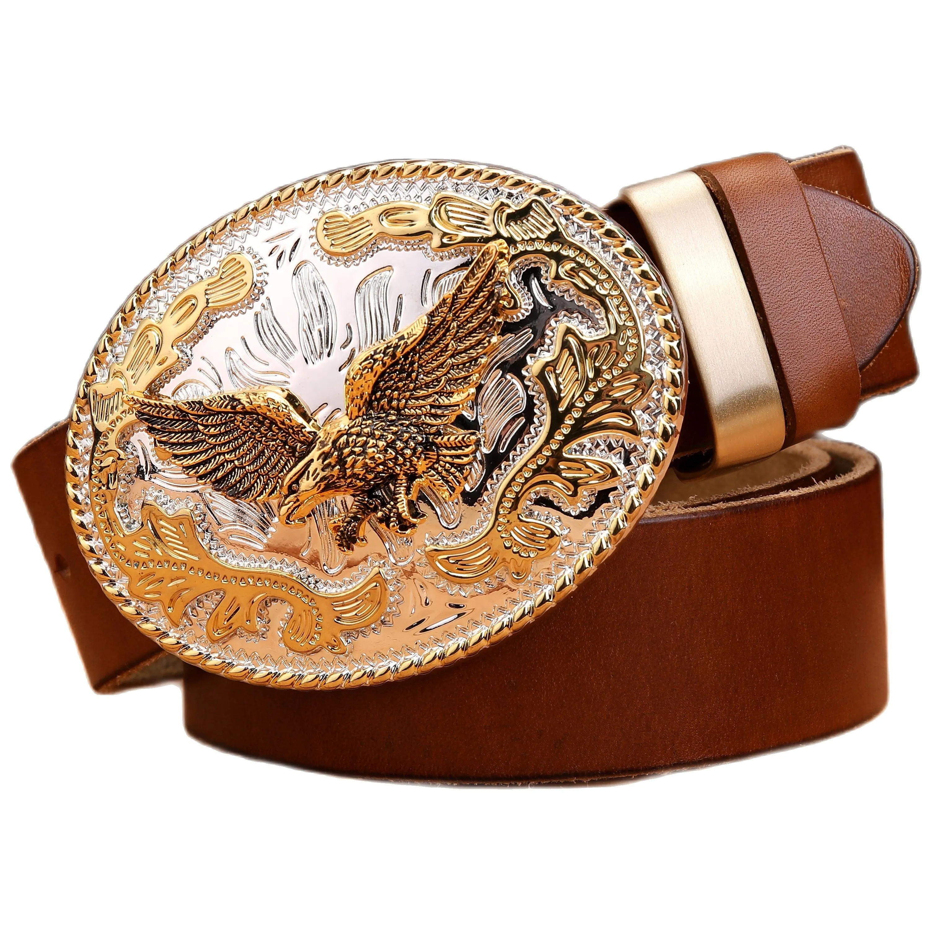 gold eagle big buckle full grain real leather 100% genuine leather hawk mens belts luxury high quality camel brown cowboys women