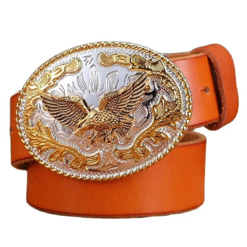 Alternative view of gold eagle big buckle full grain real leather 100% genuine leather hawk mens belts luxury high quality camel brown cowboys women