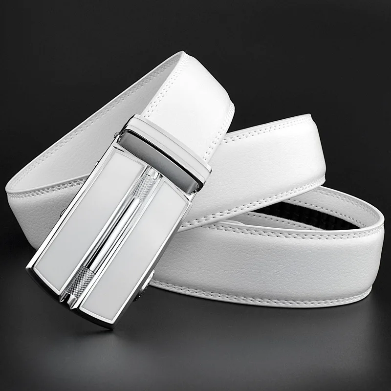 Alternative view of Elegant White Color Men Women Unisex Leather Belt Genuine Leather Automatic Buckle 3.5cm Width Men Waist Straps for Jeans