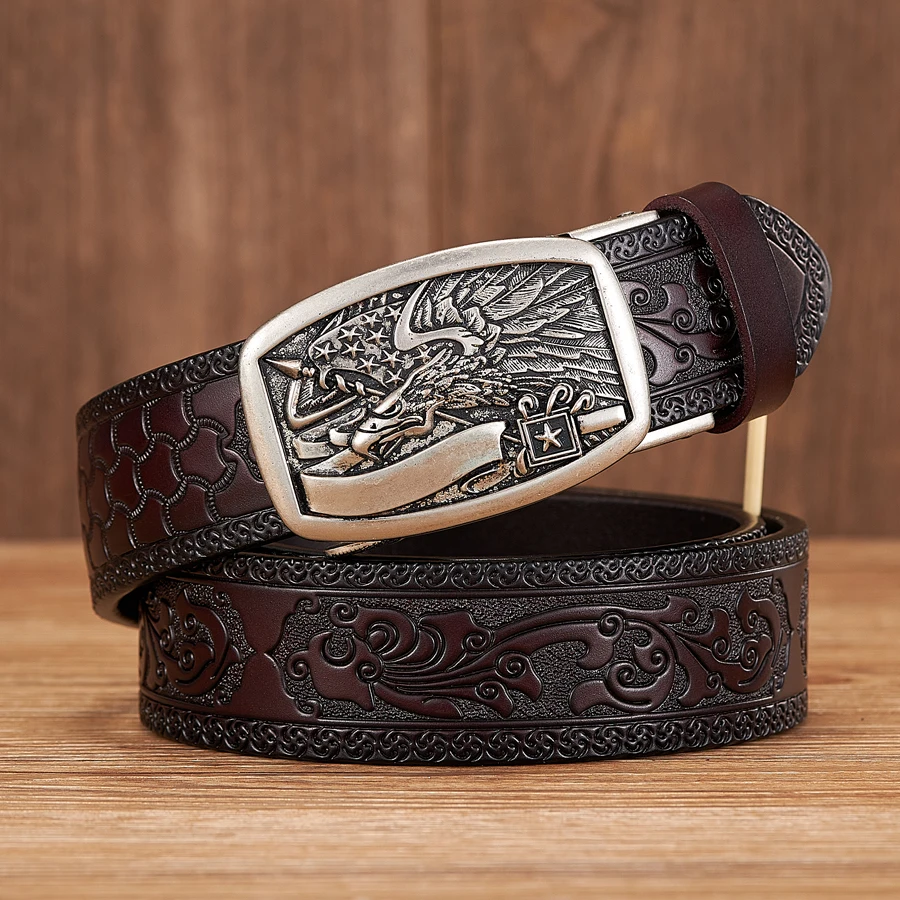 Alternative view of 3.5cm New Eagle Pattern Buckle Split Leather Belt Quality Alloy Automatic Buckle Wasitbad Strap Genuine Leather Gift Belt Men