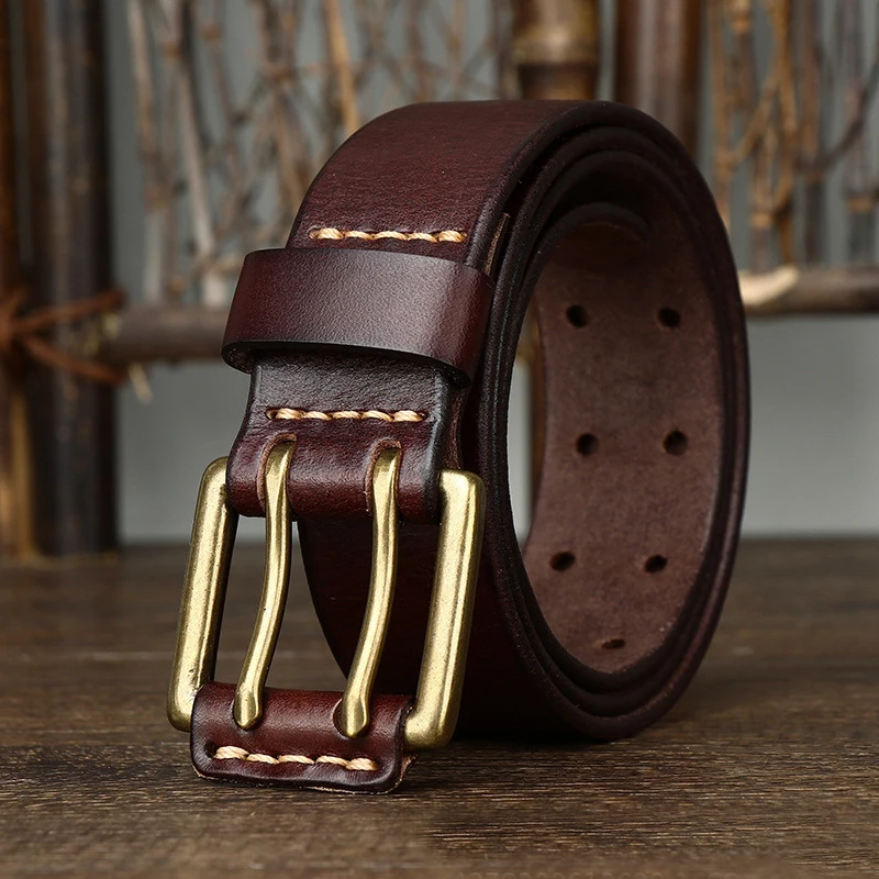 3.8cm Wide Vintage Men's Belt Cowhide Genuine Leather Belt Copper Double Needle Buckle Handmade Jeans Belt Fashion Male Strap