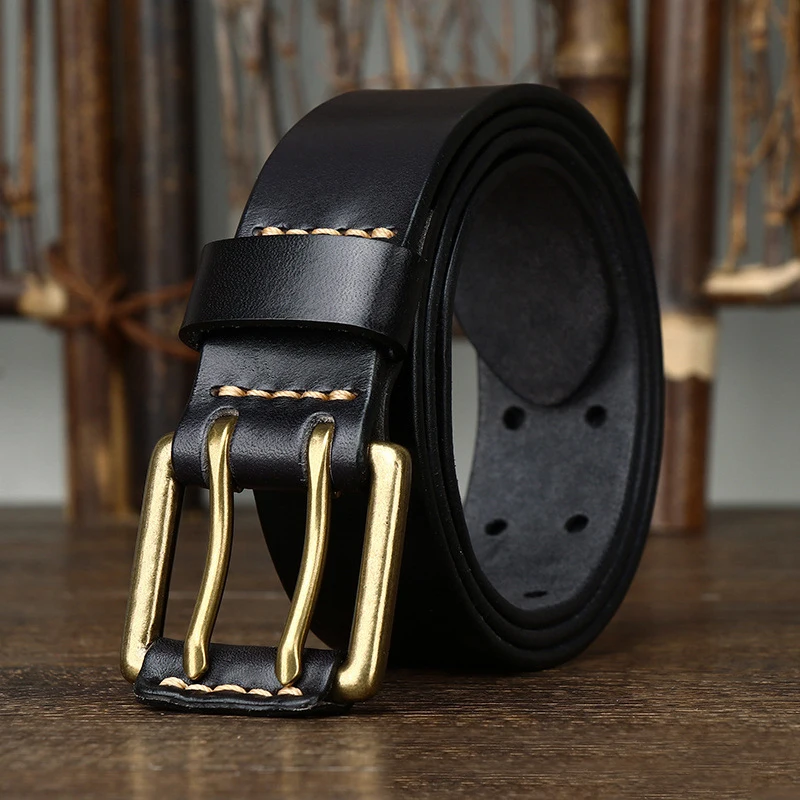 Alternative view of 3.8cm Wide Vintage Men's Belt Cowhide Genuine Leather Belt Copper Double Needle Buckle Handmade Jeans Belt Fashion Male Strap