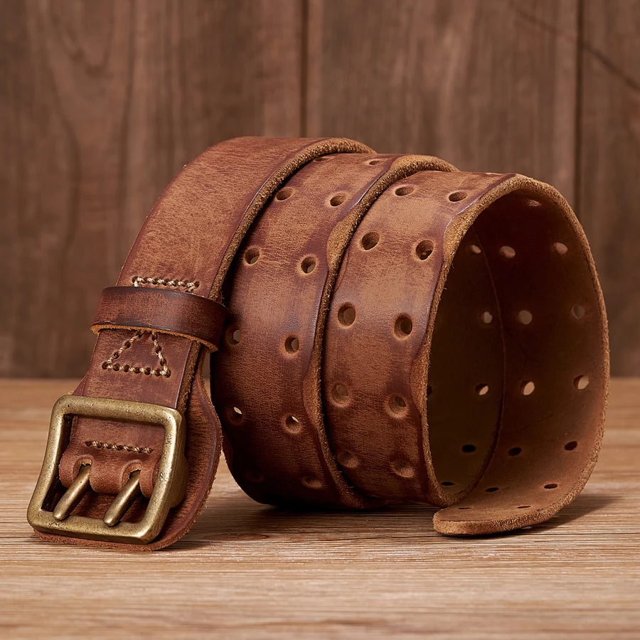 Alternative view of Thick Original Leather Belt Vintage Men Wide Belt Male Cowhide Real Genuine Leather Double Prong Buckle Strap Cowboy Jeans Belt