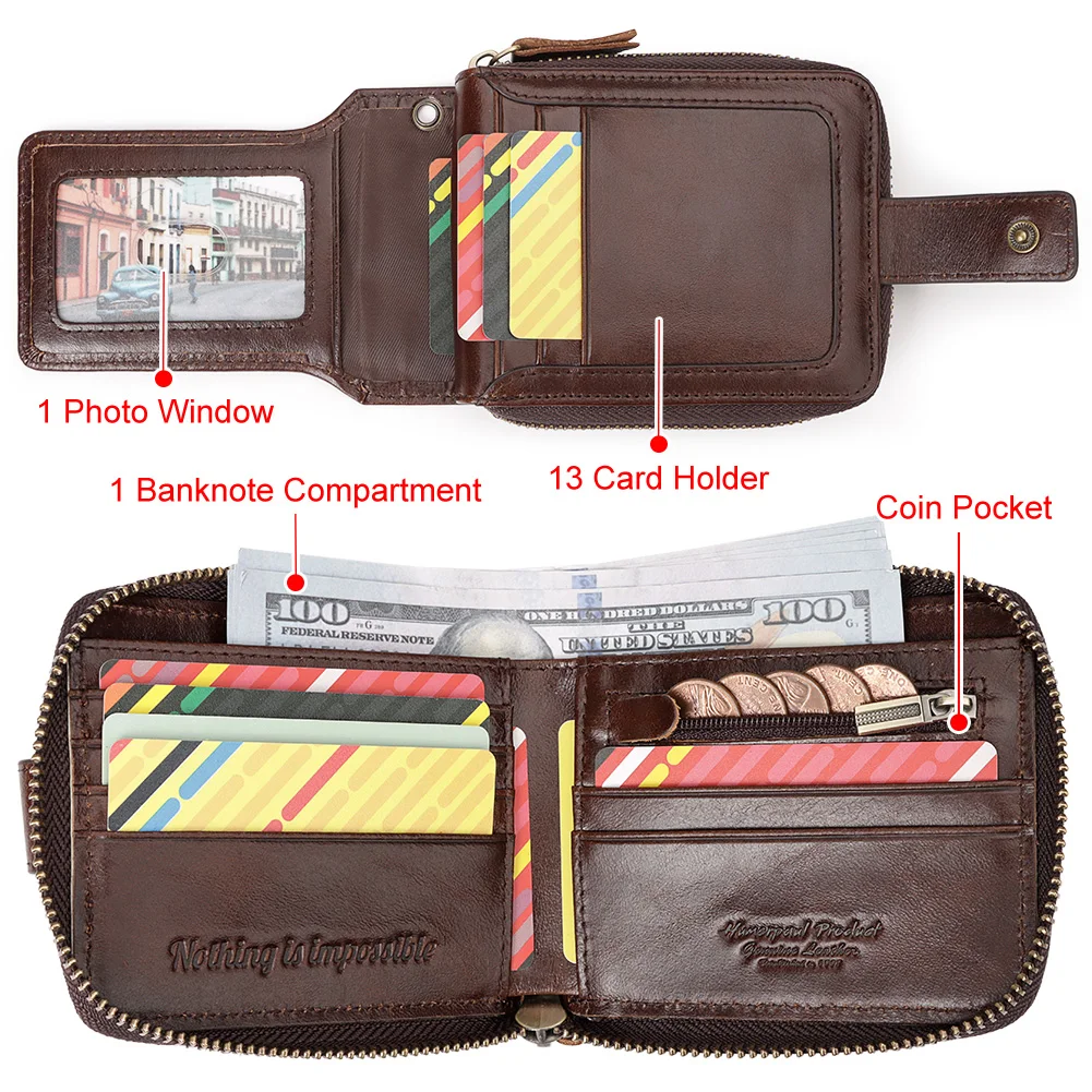 Alternative view of HUMERPAUL Genuine Leather Men's Wallet RFID Male Credit Card Holder with ID Window Multifunction Storage Bag Zipper Coin Purse